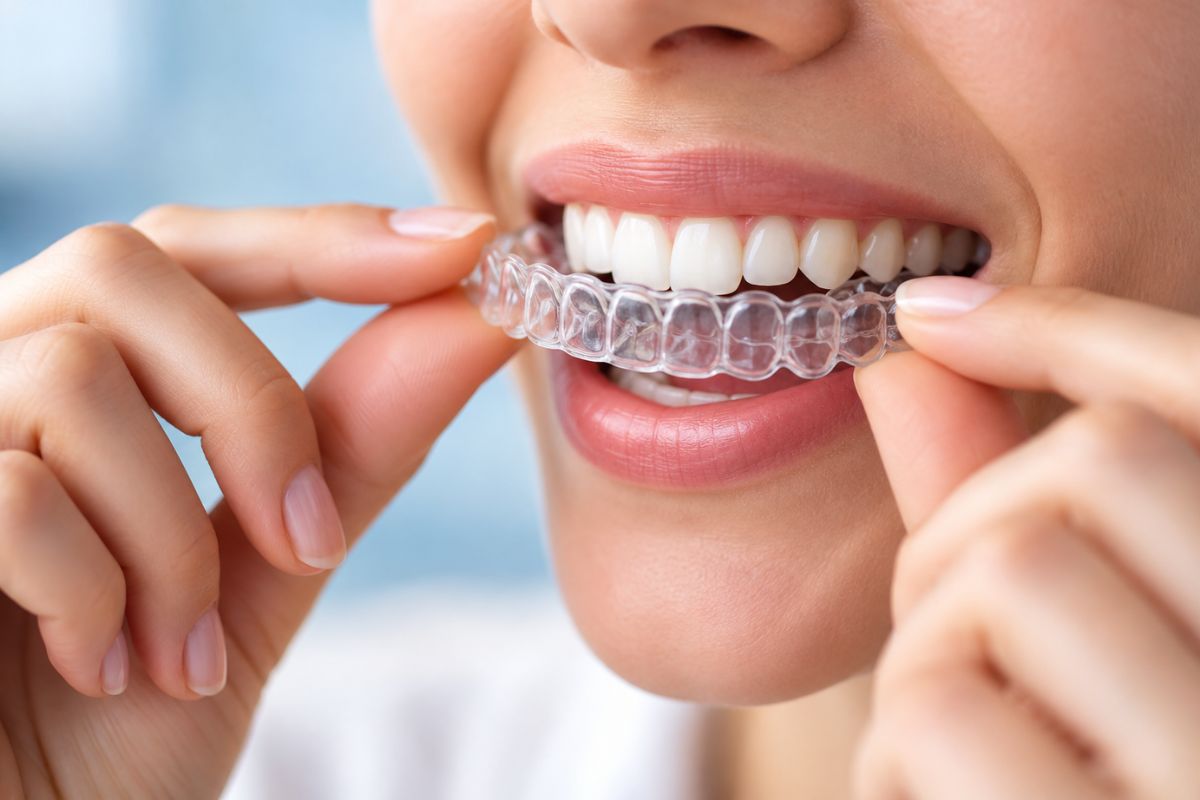 Woman placing transparent clear aligners on her teeth for invisible orthodontic treatment and teeth straightening