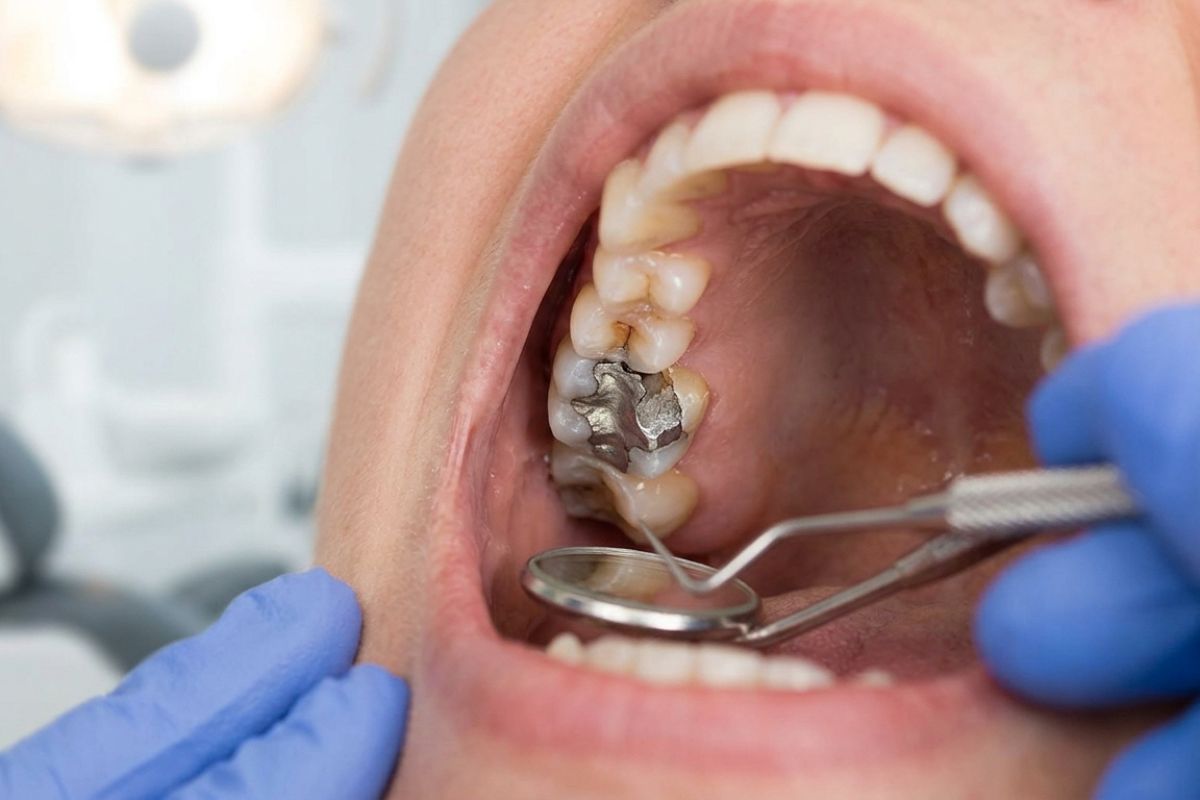 Close-up of damaged molar teeth with an existing silver dental filling during a dental examination for tooth repair.