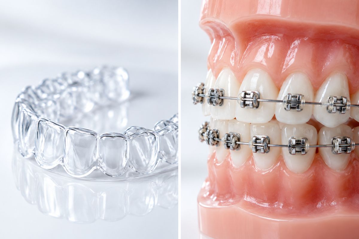 Clear aligners vs metal braces side-by-side comparison showing transparent dental aligners and traditional braces on teeth.