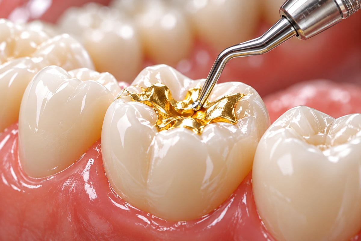 Close-up of a dentist applying a gold dental filling to a molar tooth, illustrating restorative dental treatment for repairing cavities and damaged teeth.
