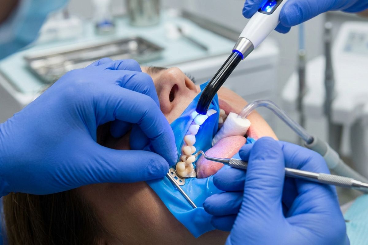 Dentist performing a tooth-colored composite filling procedure using a blue curing light to restore a natural-looking smile.