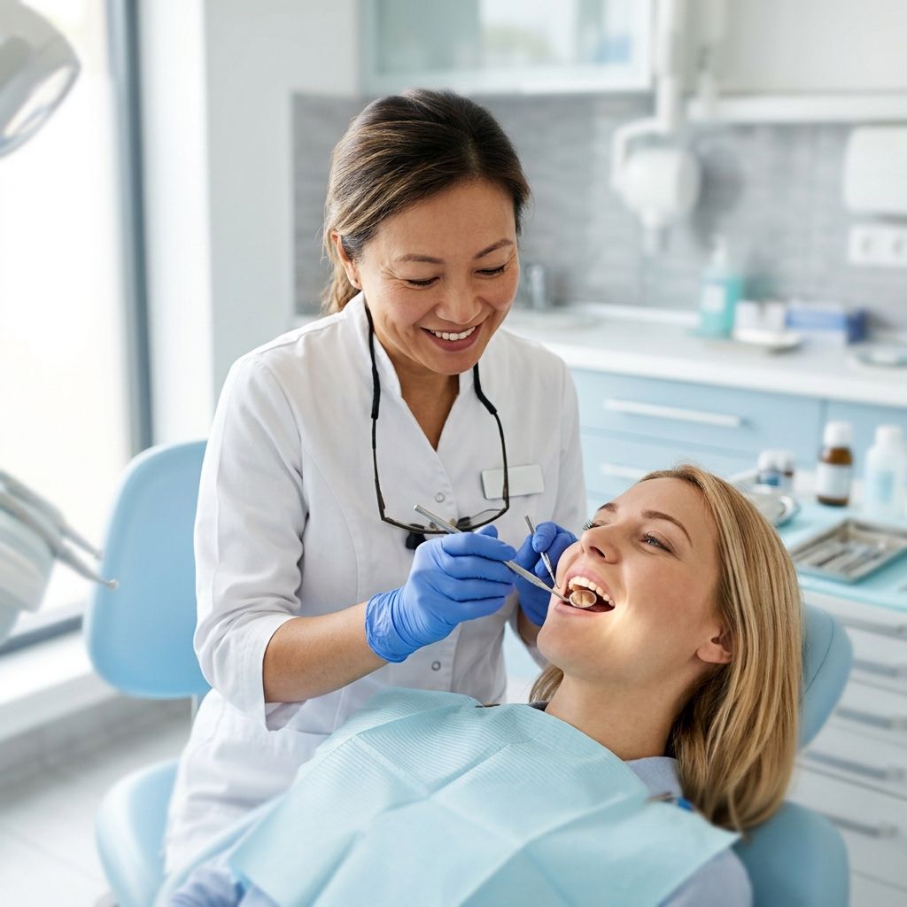 A friendly female dentist examining a patient's teeth with a dental mirror in a modern clinic. dental filling price in Lahore