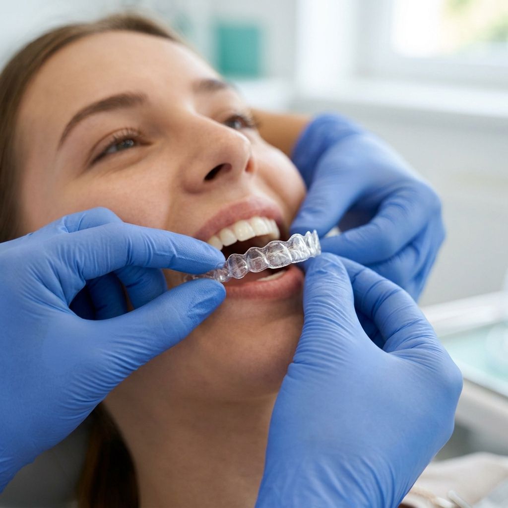 Close-up of dentist placing clear aligner tray during treatment in DHA Lahore