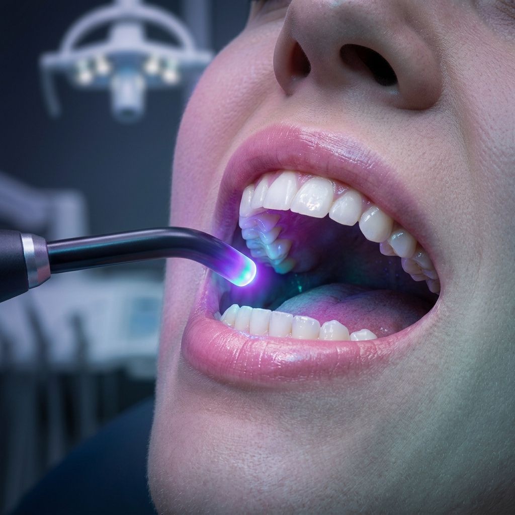 Modern dental filling treatment in DHA Lahore using advanced UV curing light technology for clean white teeth restoration.