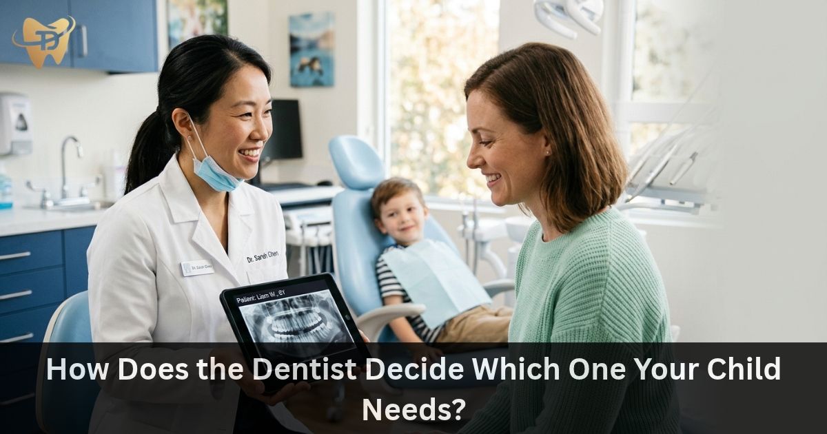 Pediatric dentist showing a child’s dental X-ray to a parent to decide between pulpotomy and pulpectomy