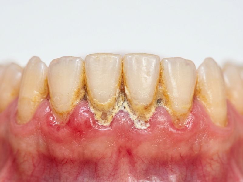 AI-generated image showing lower teeth with heavy buildup, illustrating how to remove tartar from teeth.