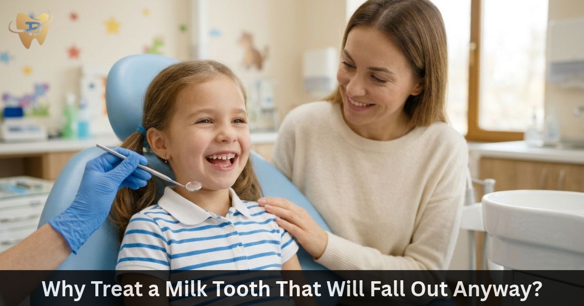 Smiling child at pediatric dentist with mother, showing why treating a milk tooth with baby root canal matters