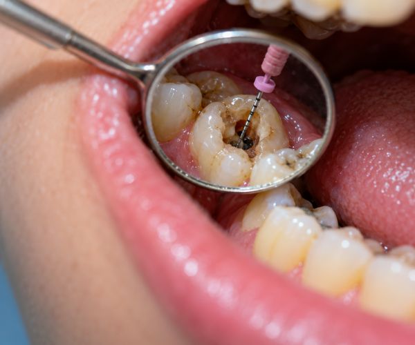 Close-up image of the procedure of root canal treatment showing a dental mirror and endodontic file inside a damaged molar tooth.