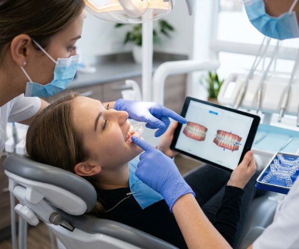Close-up of dentist applying tooth-colored composite bonding material to a front tooth for cosmetic gap filling and smile restoration.