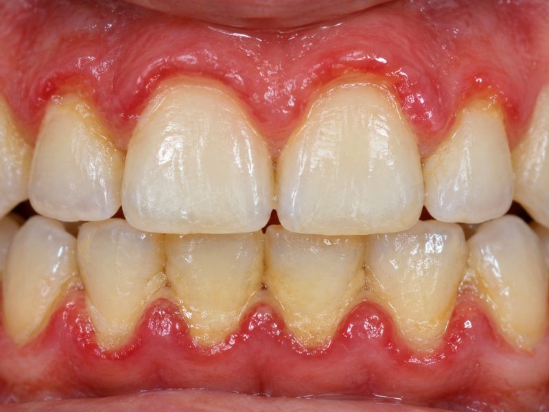 Red and swollen gums with plaque buildup