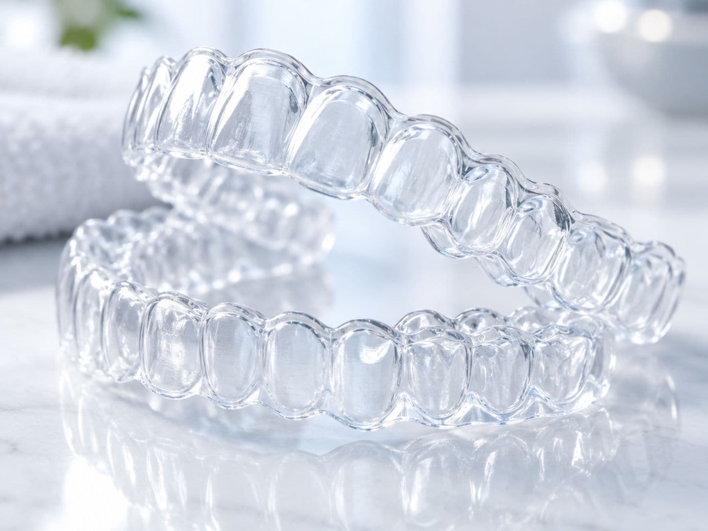 Two transparent clear aligners for teeth straightening on a white background