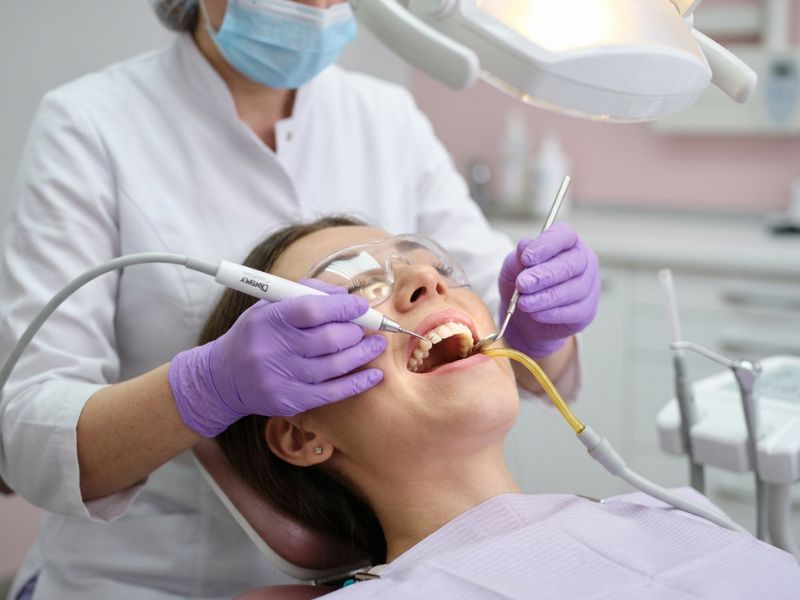 Female patient getting teeth scaling and polishing by professional dentist at modern dental clinic