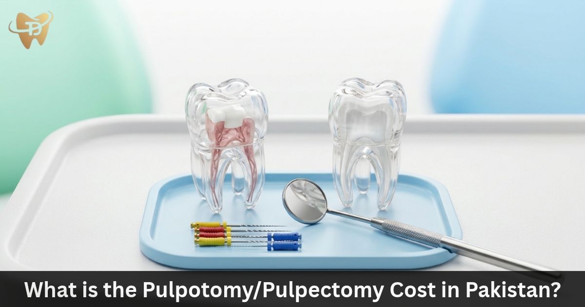 Dental tooth models with endodontic files and mirror showing pulpotomy and pulpectomy cost in Pakistan