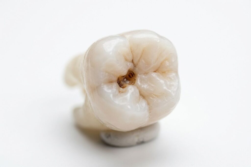 Macro view of a molar tooth with visible cavity decay requiring dental filling.