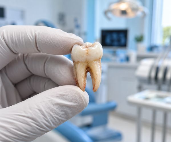 Dentist holding an extracted tooth with visible roots, explaining who needs root canal treatment to save an infected tooth.
